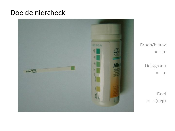 Doe de niercheck Groen/blauw = +++ Lichtgroen = + Geel = - (neg) 