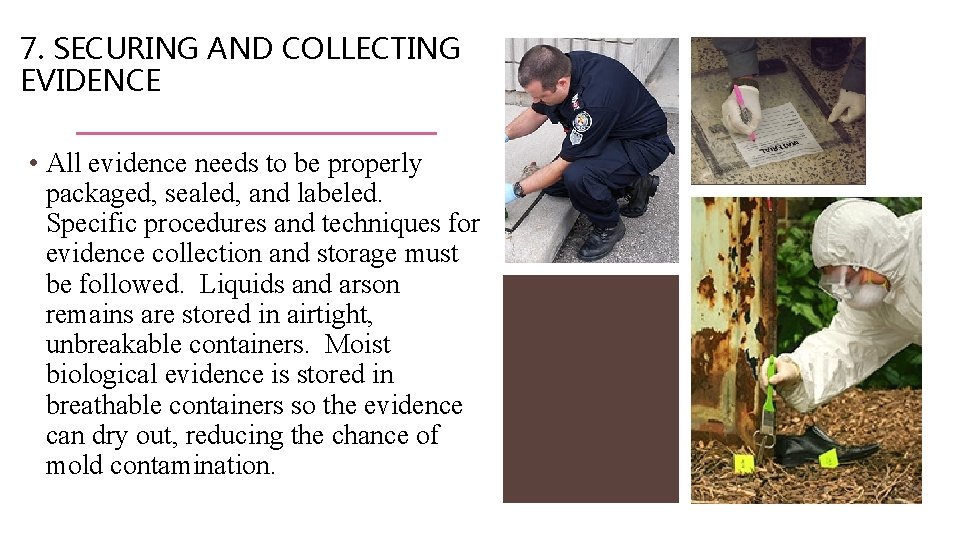7. SECURING AND COLLECTING EVIDENCE • All evidence needs to be properly packaged, sealed,