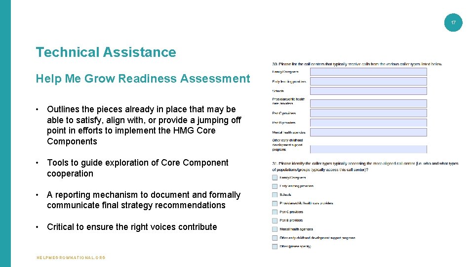 17 Technical Assistance Help Me Grow Readiness Assessment • Outlines the pieces already in 17 Technical Assistance Help Me Grow Readiness Assessment • Outlines the pieces already in