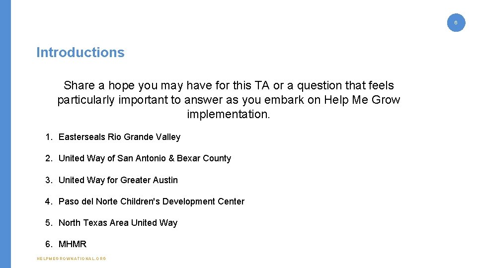 6 Introductions Share a hope you may have for this TA or a question 6 Introductions Share a hope you may have for this TA or a question