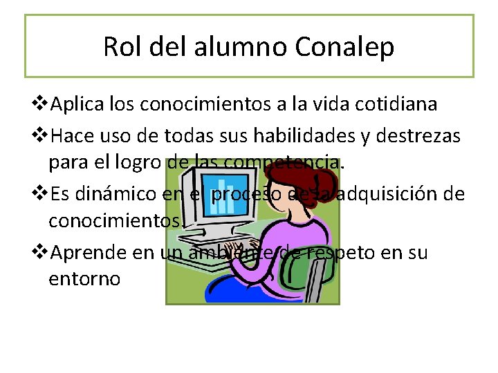 Rol del alumno Conalep v. Aplica los conocimientos a la vida cotidiana v. Hace