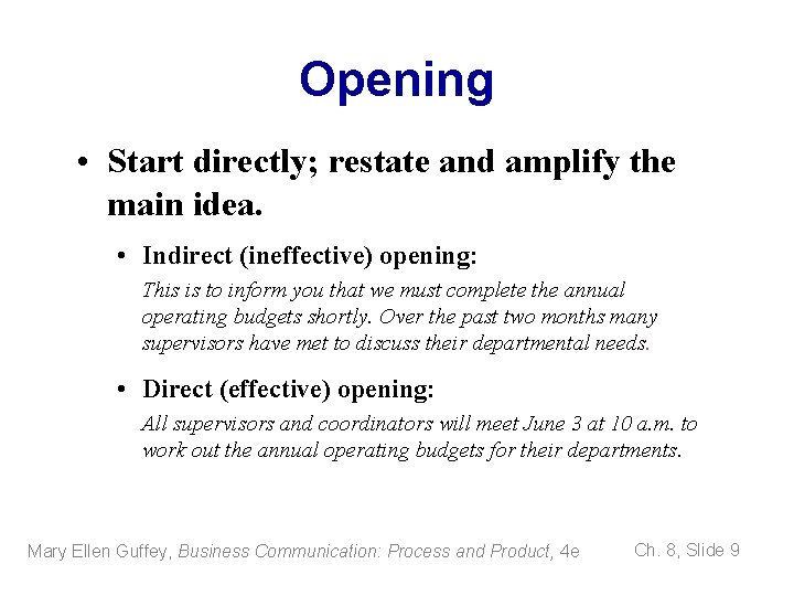 Opening • Start directly; restate and amplify the main idea. • Indirect (ineffective) opening: