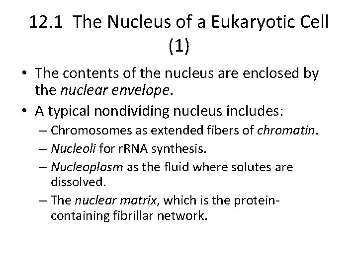 12. 1 The Nucleus of a Eukaryotic Cell (1) • The contents of the