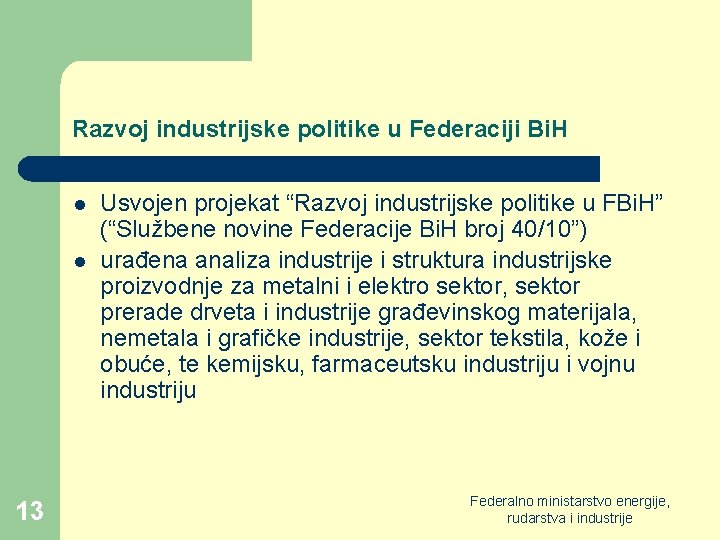 Razvoj industrijske politike u Federaciji Bi. H l l 13 Usvojen projekat “Razvoj industrijske