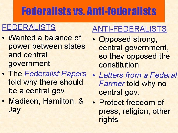 Federalists vs. Anti-federalists FEDERALISTS • Wanted a balance of power between states and central