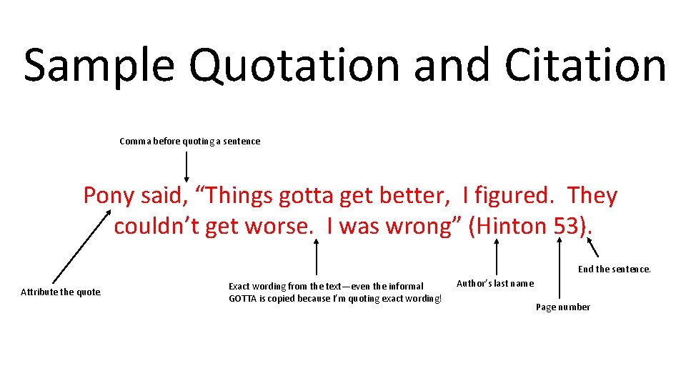 Sample Quotation and Citation Comma before quoting a sentence Pony said, “Things gotta get