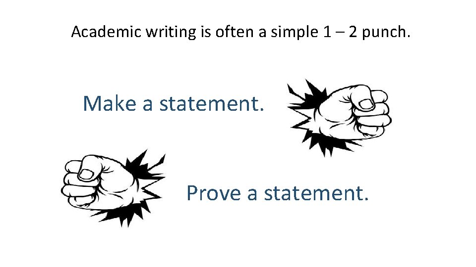 Academic writing is often a simple 1 – 2 punch. Make a statement. Prove