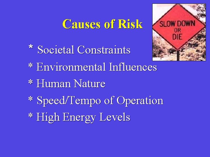 Causes of Risk * Societal Constraints * Environmental Influences * Human Nature * Speed/Tempo