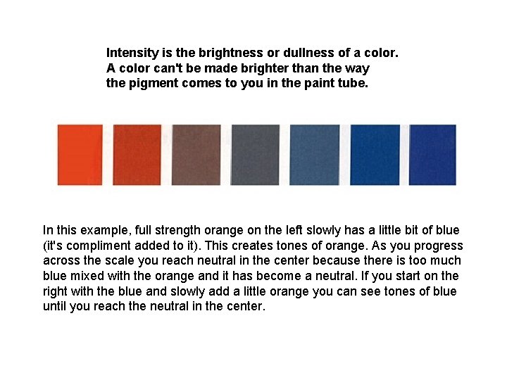 Intensity is the brightness or dullness of a color. A color can't be made
