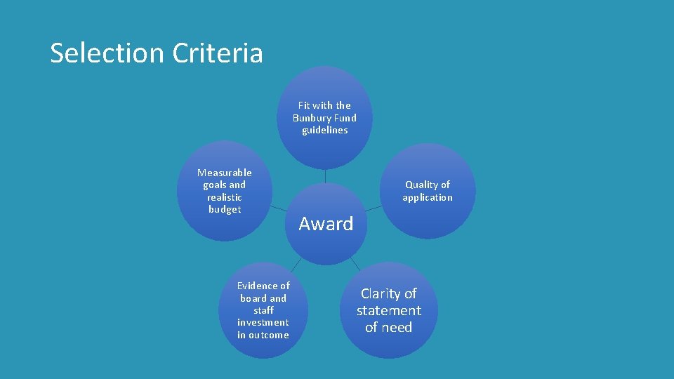 Selection Criteria Fit with the Bunbury Fund guidelines Measurable goals and realistic budget Evidence