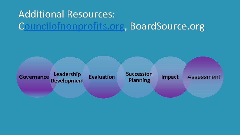 Additional Resources: Councilofnonprofits. org, Board. Source. org Governance Leadership Evaluation Development Succession Planning Impact