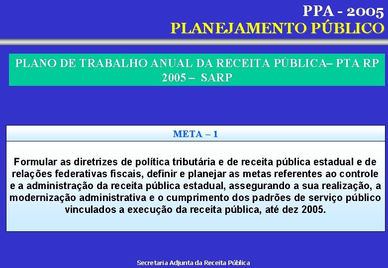 PPA - 2005 PLANEJAMENTO PÚBLICO PLANO DE TRABALHO ANUAL DA RECEITA PÚBLICA– PTA RP