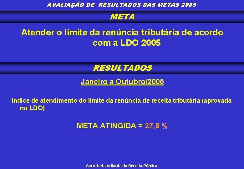AVALIAÇÃO DE RESULTADOS DAS METAS 2005 META Atender o limite da renúncia tributária de