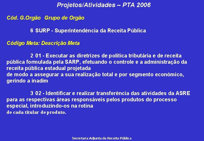 Projetos/Atividades – PTA 2006 Cód. G. Orgão Grupo de Orgão 6 SURP - Superintendência