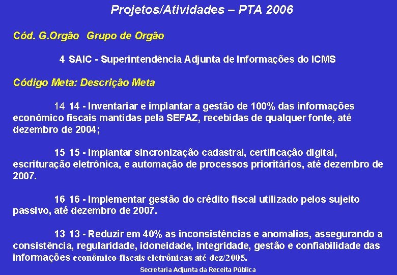 Projetos/Atividades – PTA 2006 Cód. G. Orgão Grupo de Orgão 4 SAIC - Superintendência