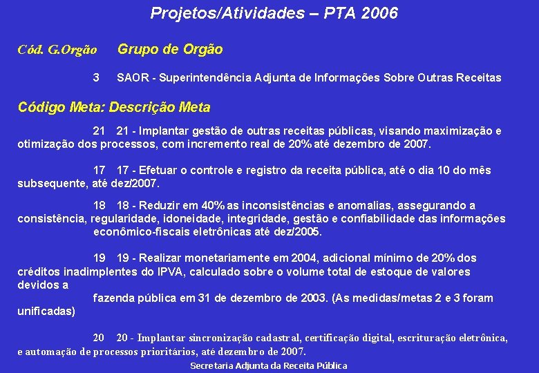 Projetos/Atividades – PTA 2006 Cód. G. Orgão 3 Grupo de Orgão SAOR - Superintendência