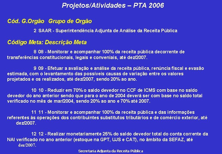 Projetos/Atividades – PTA 2006 Cód. G. Orgão Grupo de Orgão 2 SAAR - Superintendência