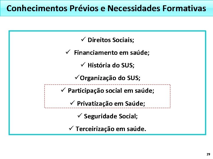 Conhecimentos Prévios e Necessidades Formativas ü Direitos Sociais; ü Financiamento em saúde; ü História