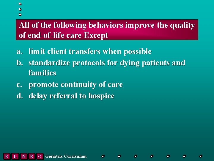 All of the following behaviors improve the quality of end-of-life care Except a. limit