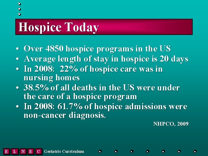 Hospice Today • Over 4850 hospice programs in the US • Average length of
