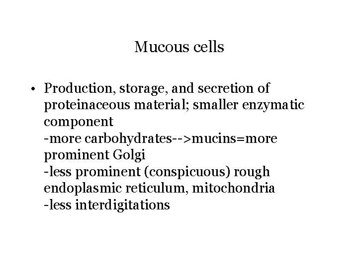 Mucous cells • Production, storage, and secretion of proteinaceous material; smaller enzymatic component -more