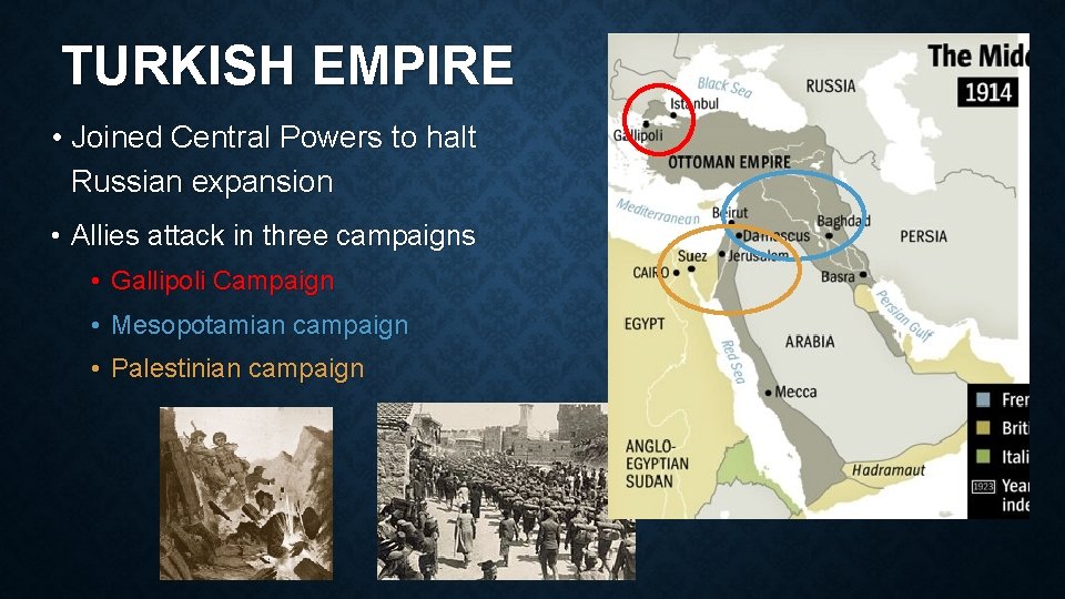 TURKISH EMPIRE • Joined Central Powers to halt Russian expansion • Allies attack in