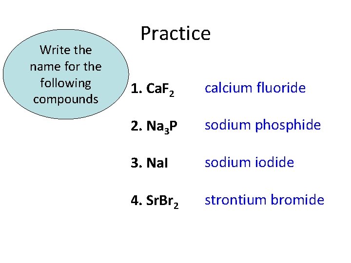 Write the name for the following compounds Practice 1. Ca. F 2 calcium fluoride
