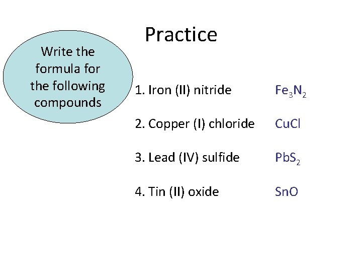 Write the formula for the following compounds Practice 1. Iron (II) nitride Fe 3