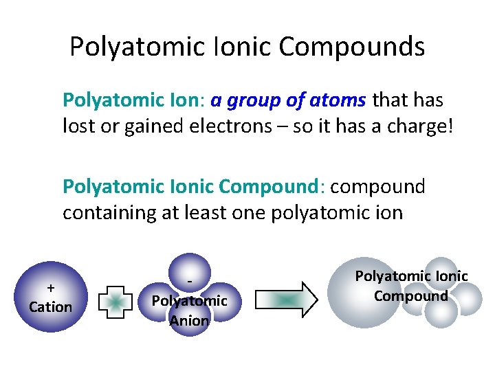 Polyatomic Ionic Compounds Polyatomic Ion: a group of atoms that has lost or gained