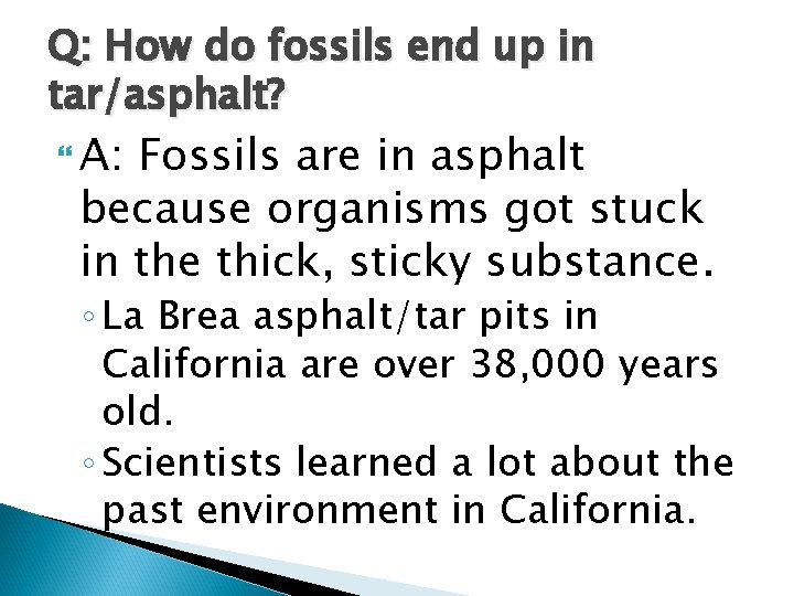 Q: How do fossils end up in tar/asphalt? A: Fossils are in asphalt because