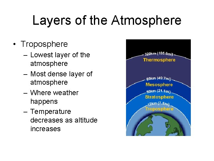 Layers of the Atmosphere • Troposphere – Lowest layer of the atmosphere – Most