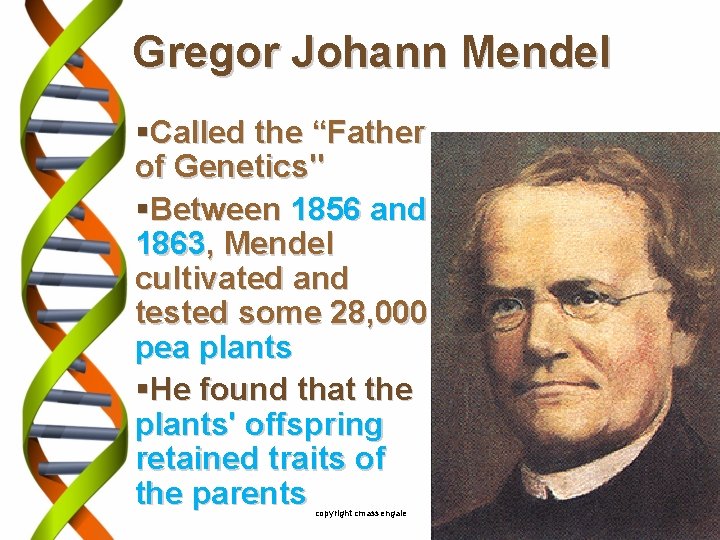 Gregor Johann Mendel §Called the “Father of Genetics" §Between 1856 and 1863, Mendel cultivated