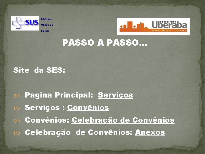 Sistema Único de Saúde PASSO A PASSO. . . Site da SES: Pagina Principal: