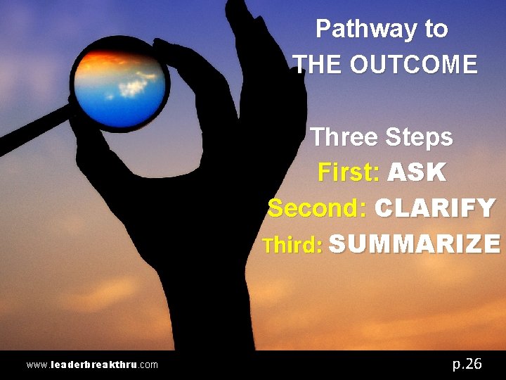 Pathway to THE OUTCOME Three Steps First: ASK Second: CLARIFY Third: SUMMARIZE www. leaderbreakthru.