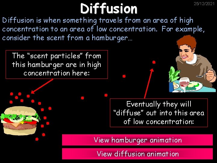 Diffusion 25/12/2021 Diffusion is when something travels from an area of high concentration to