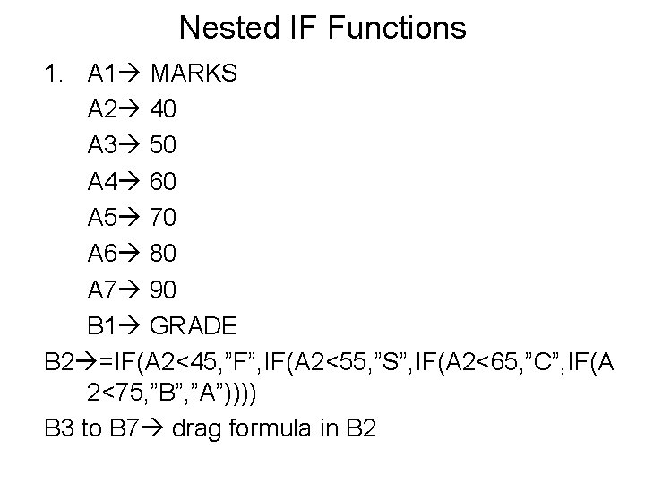 Nested IF Functions 1. A 1 MARKS A 2 40 A 3 50 A