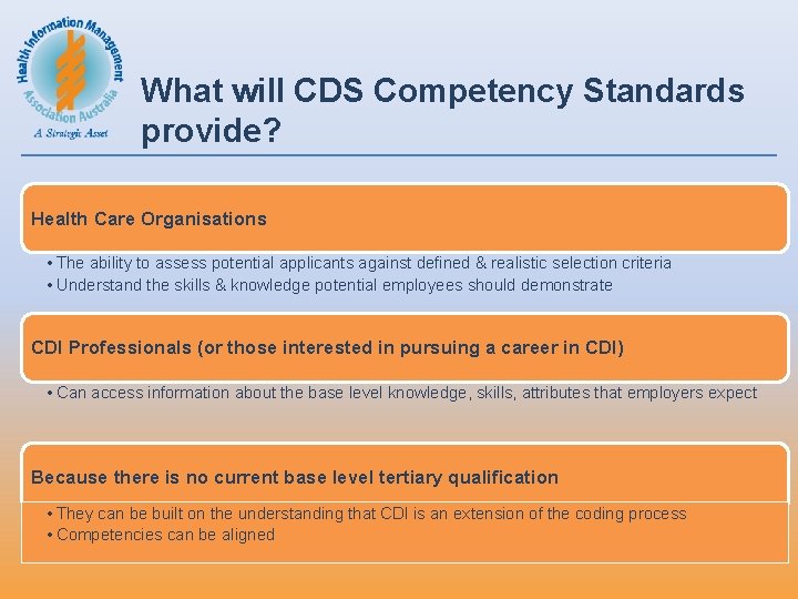 What will CDS Competency Standards provide? Health Care Organisations • The ability to assess What will CDS Competency Standards provide? Health Care Organisations • The ability to assess