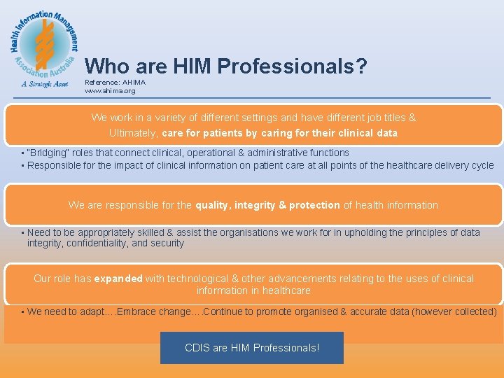 Who are HIM Professionals? Reference: AHIMA www. ahima. org We work in a variety Who are HIM Professionals? Reference: AHIMA www. ahima. org We work in a variety