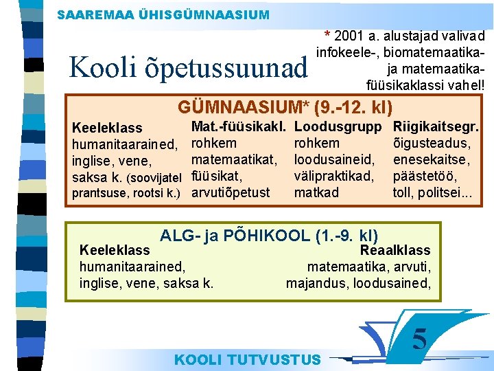 SAAREMAA ÜHISGÜMNAASIUM Kooli õpetussuunad * 2001 a. alustajad valivad infokeele-, biomatemaatikaja matemaatikafüüsikaklassi vahel! GÜMNAASIUM*