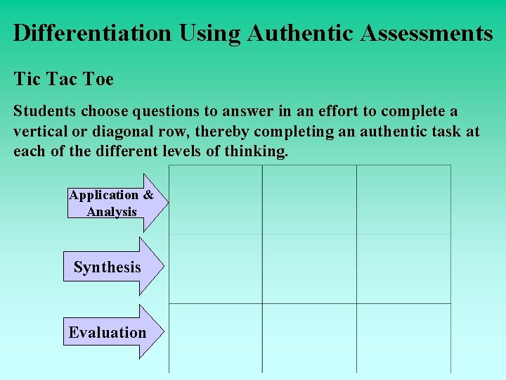 Differentiation Using Authentic Assessments Tic Tac Toe Students choose questions to answer in an