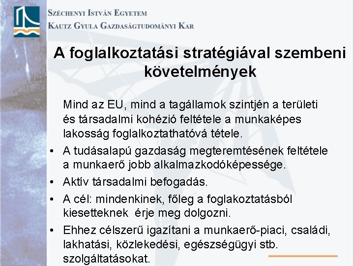 A foglalkoztatási stratégiával szembeni követelmények • • Mind az EU, mind a tagállamok szintjén