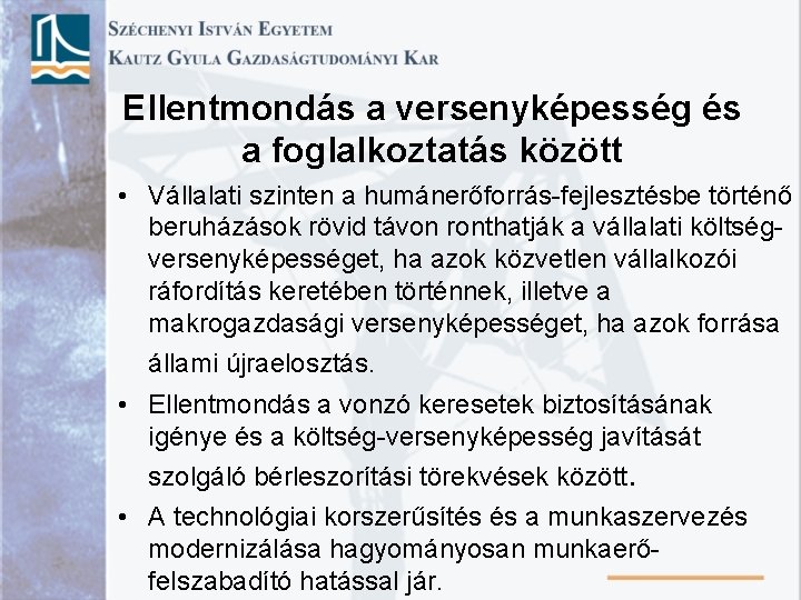 Ellentmondás a versenyképesség és a foglalkoztatás között • Vállalati szinten a humánerőforrás-fejlesztésbe történő beruházások