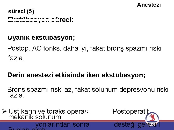 süreci (5) Anestezi Ekstübasyon süreci: Uyanık ekstübasyon; Postop. AC fonks. daha iyi, fakat bronş