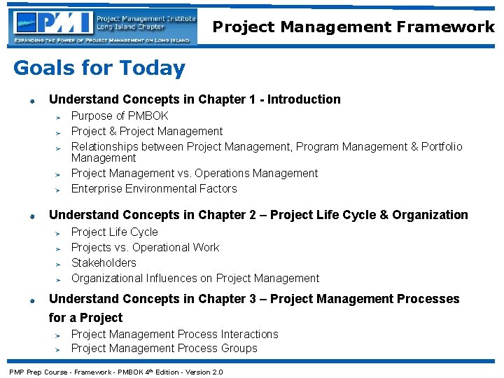 Project Management Framework Goals for Today Understand Concepts in Chapter 1 - Introduction Purpose