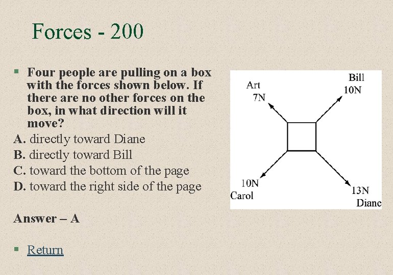 Forces - 200 § Four people are pulling on a box with the forces