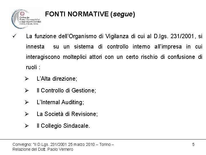 FONTI NORMATIVE (segue) ü La funzione dell’Organismo di Vigilanza di cui al D. lgs.