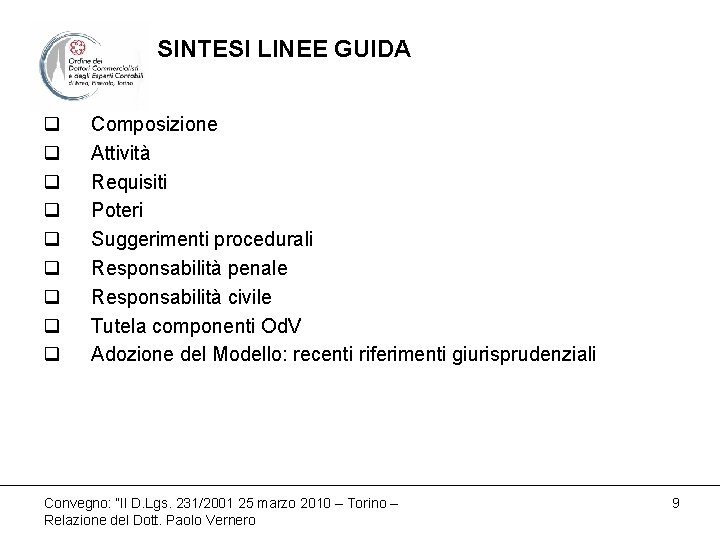 SINTESI LINEE GUIDA q q q q q Composizione Attività Requisiti Poteri Suggerimenti procedurali