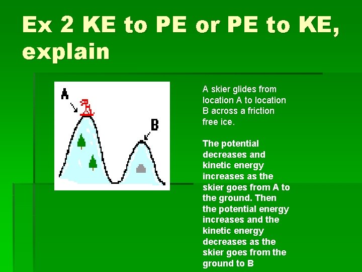 Ex 2 KE to PE or PE to KE, explain A skier glides from