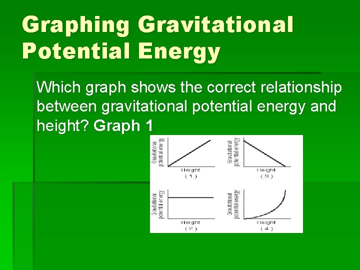 Graphing Gravitational Potential Energy Which graph shows the correct relationship between gravitational potential energy