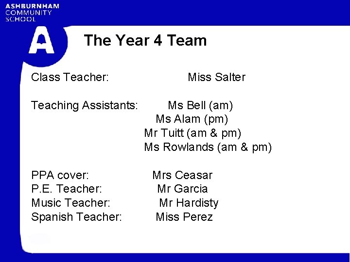The Year 4 Team Class Teacher: Teaching Assistants: PPA cover: P. E. Teacher: Music